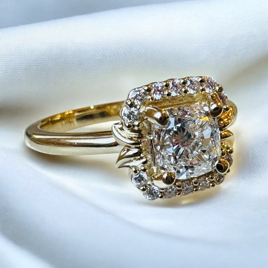 Cushion-Cut Diamond Halo Engagement Ring - 14K Yellow Gold