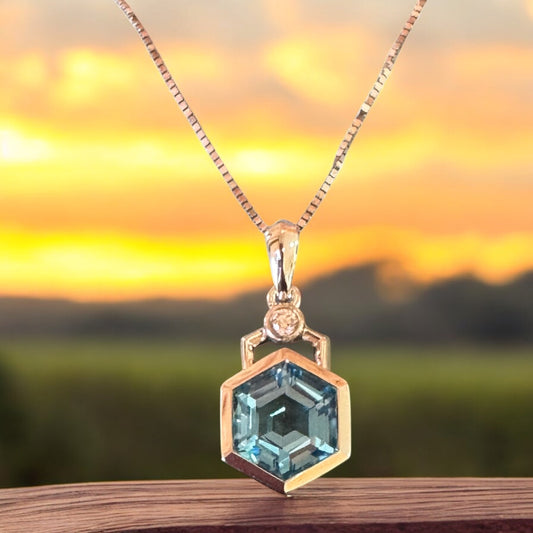 Geometric Blue Topaz Necklace - 14K White Gold