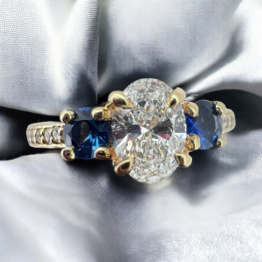 Oval Diamond with Sapphire Side Stones Engagement Ring - 14K Yellow Gold