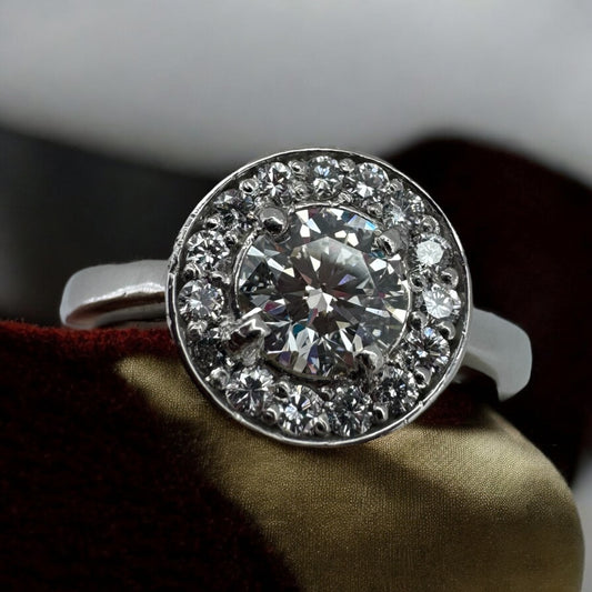 Contemporary Round Halo Engagement Ring - 14K White Gold and Platinum