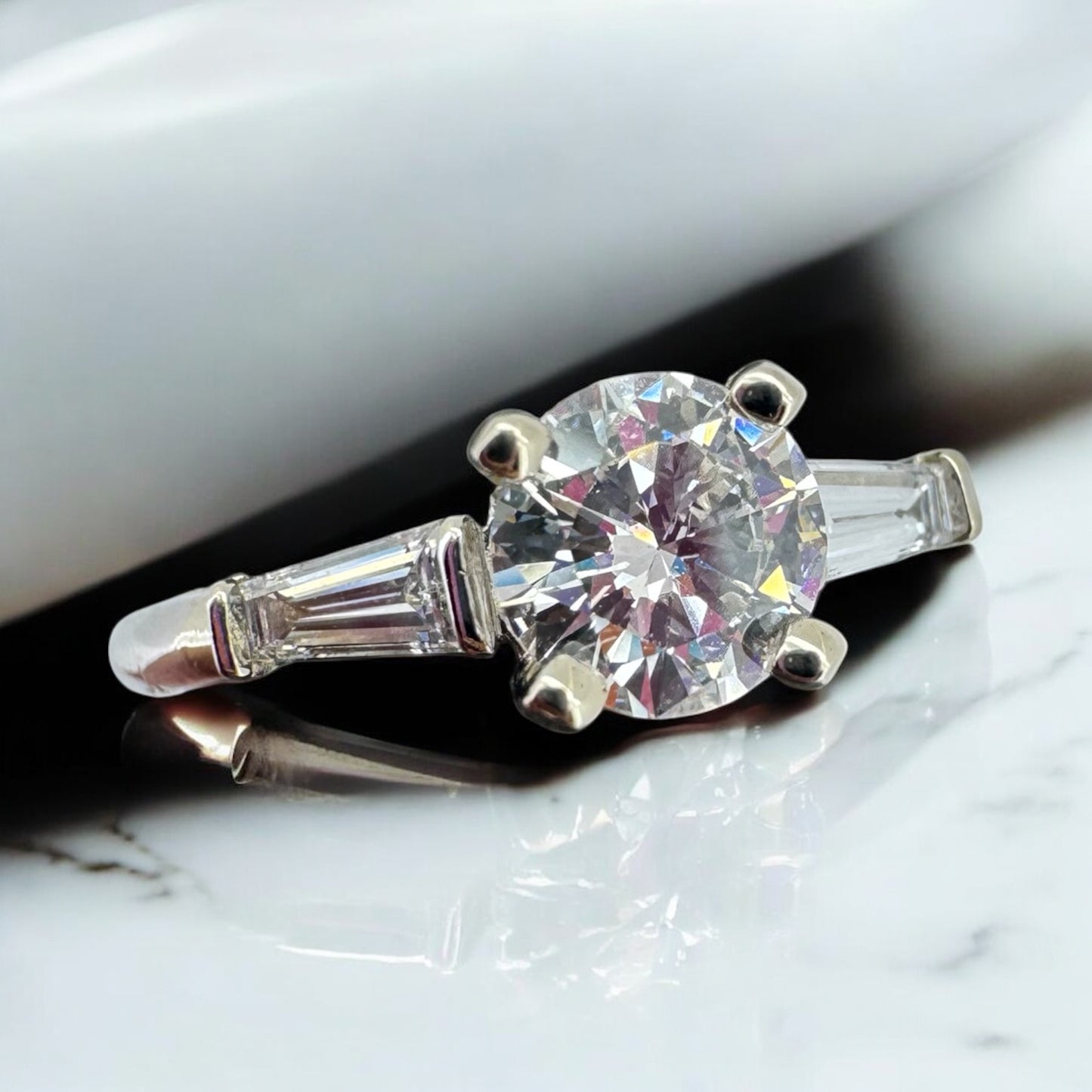 Round Diamond Engagement Ring with Baguette Accent Diamonds - 14K White Gold