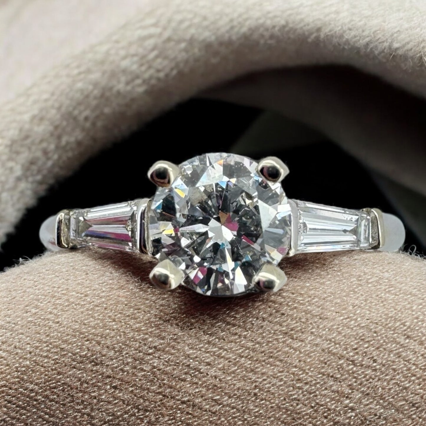 Round Diamond Engagement Ring with Baguette Accent Diamonds - 14K White Gold