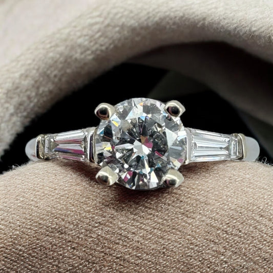 Round Diamond Engagement Ring with Baguette Accent Diamonds - 14K White Gold
