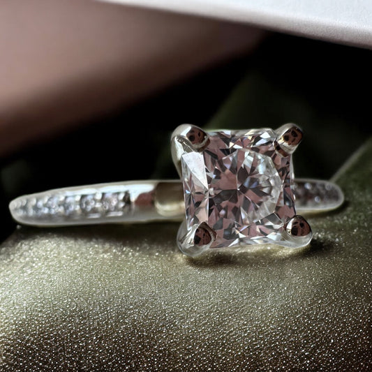 Square-Cushion Cut Accented Diamond Engagement Ring - 14K White Gold