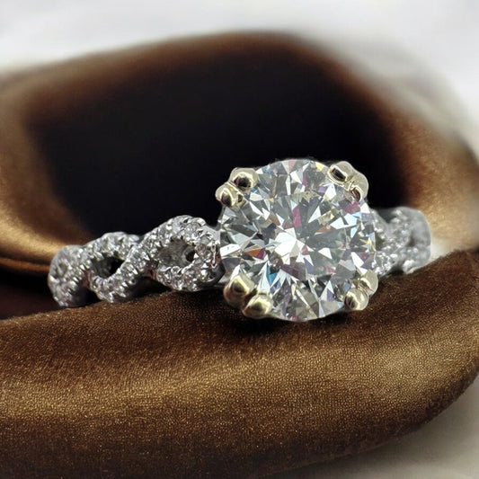 0.89ct Round Diamond Engagement Ring with Twist Design Band - 14K White Gold