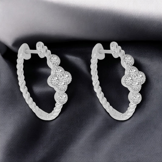Diamond Clover Twist Hoop Earrings - 14K White Gold