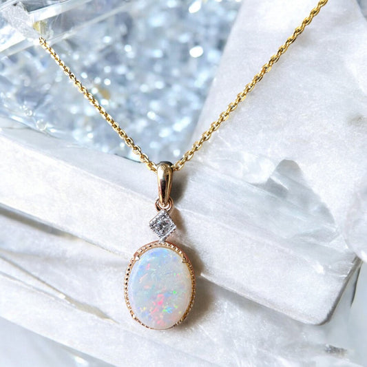 Oval Opal Pendant with Diamond Accent - 14K Yellow Gold
