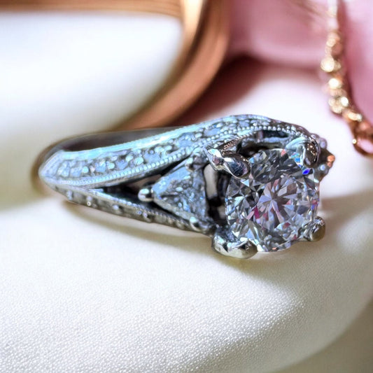 Vintage-Inspired Engagement Ring with Pave Diamond Accents - 14K White Gold