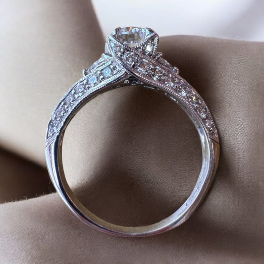 Vintage-Inspired Engagement Ring with Pave Diamond Accents - 14K White Gold