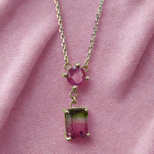 Watermelon Tourmaline Necklace - 14K Yellow Gold