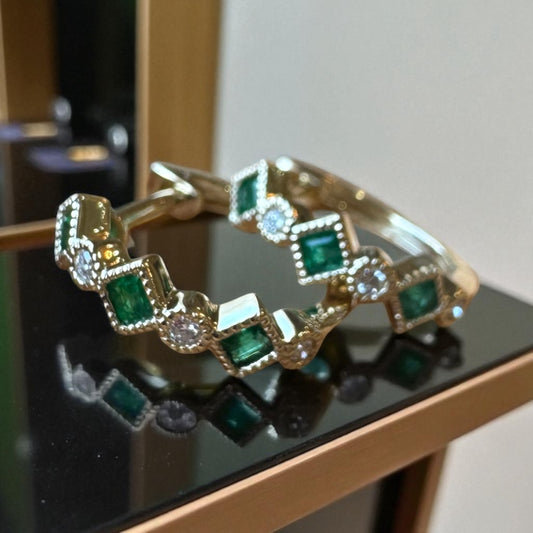 Emerald and Diamond Huggie Earrings - 14K Yellow Gold