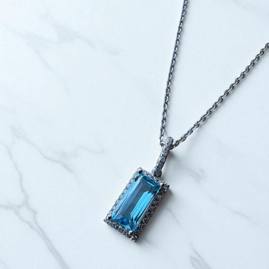 Blue Topaz and Diamond Necklace - 14K White Gold