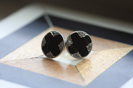 Black Onyx and Diamond Stud Earrings - Art Deco Era