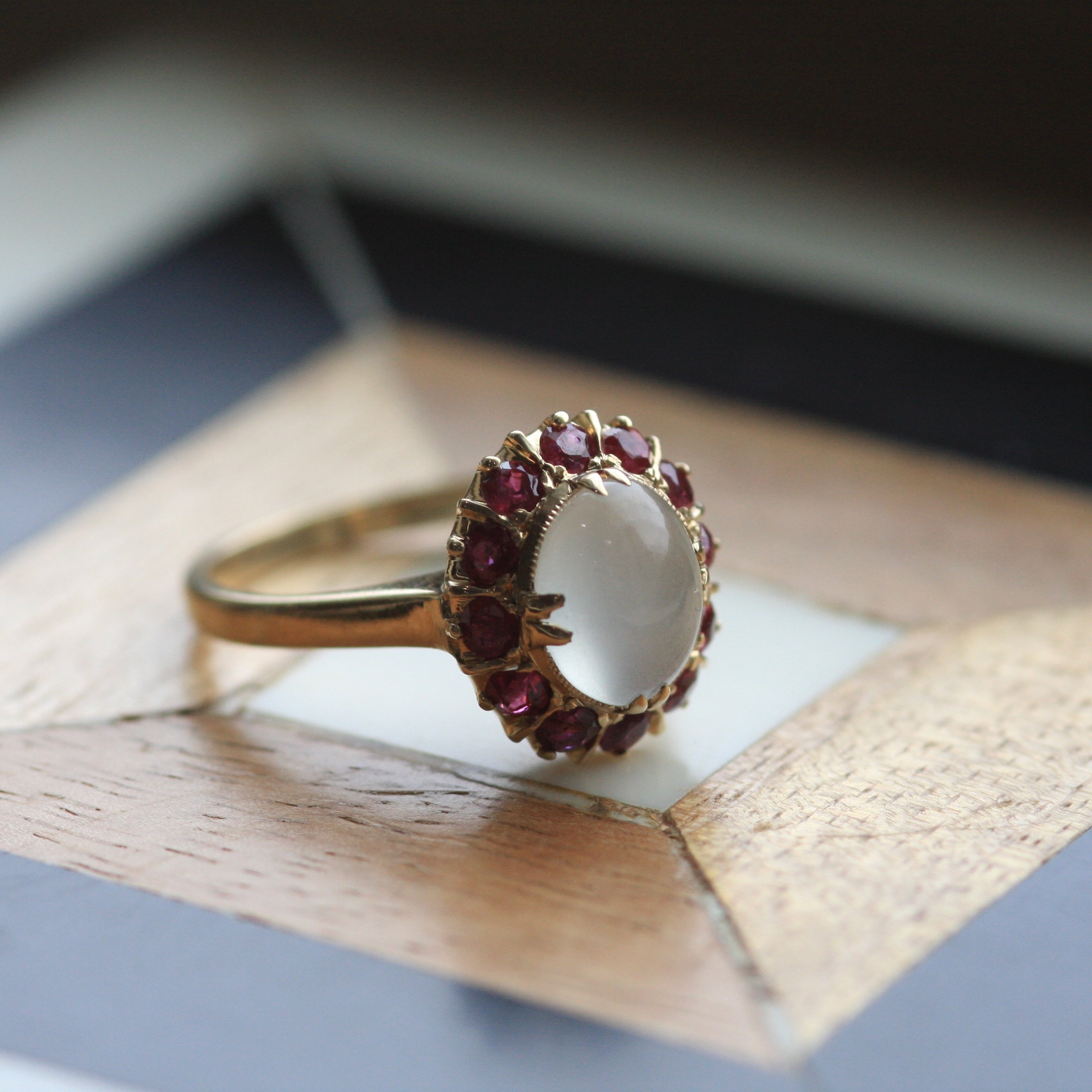 Moonstone and Ruby Halo Ring - Victorian Era – Tillis Jewelry