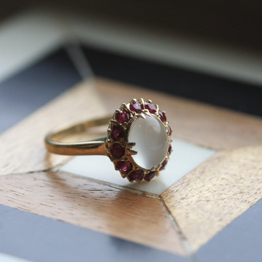 Moonstone and Ruby Halo Ring - Victorian Era