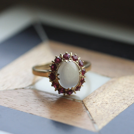 Moonstone and Ruby Halo Ring - Victorian Era