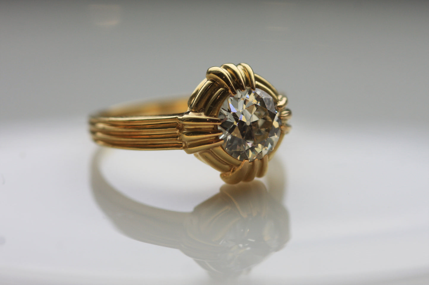 18K Bold Sculpted Diamond Solitaire Ring - Retro