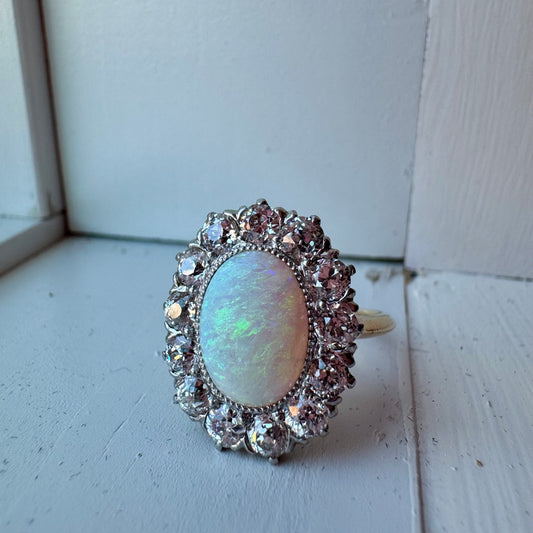 Oval Opal Ring with Diamond Halo - 14K Yellow Gold
