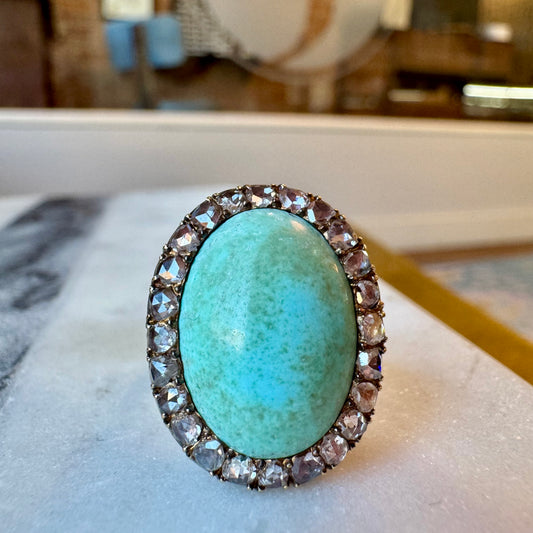 Oval Turquoise Ring with Rose-Cut Diamond Halo - Victorian Era