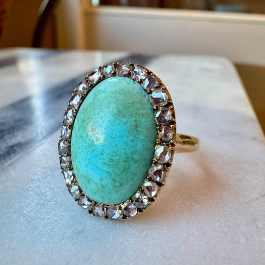 Oval Turquoise Ring with Rose-Cut Diamond Halo - Victorian Era