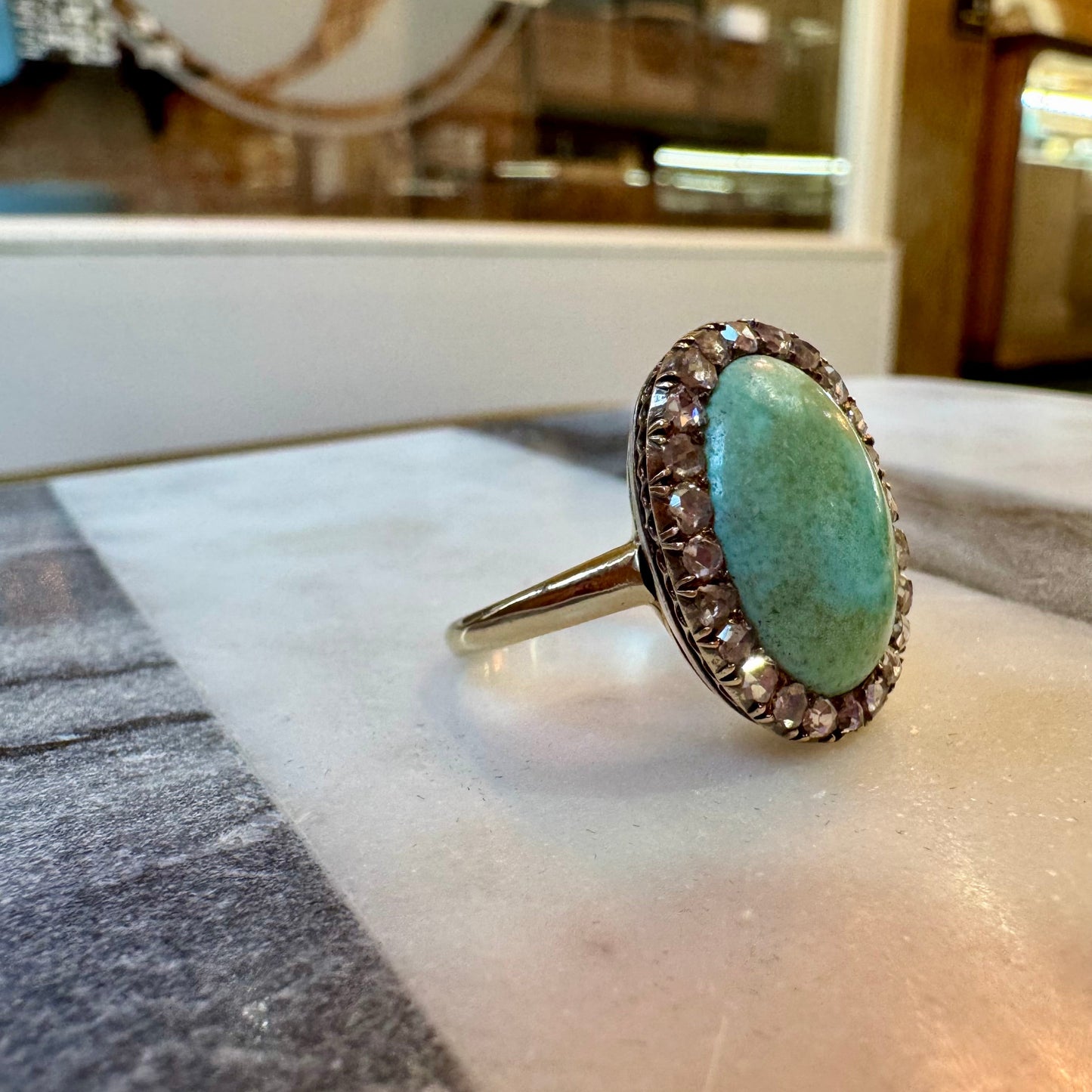 Oval Turquoise Ring with Rose-Cut Diamond Halo - Victorian Era