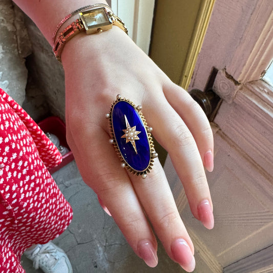 Blue Enamel and Pearl Starburst Ring - Victorian Era