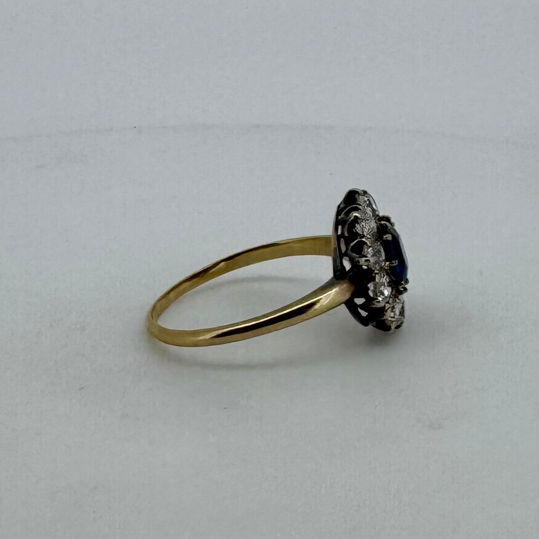 Victorian Period Sapphire Ring - Old Mine Cut Diamond Halo