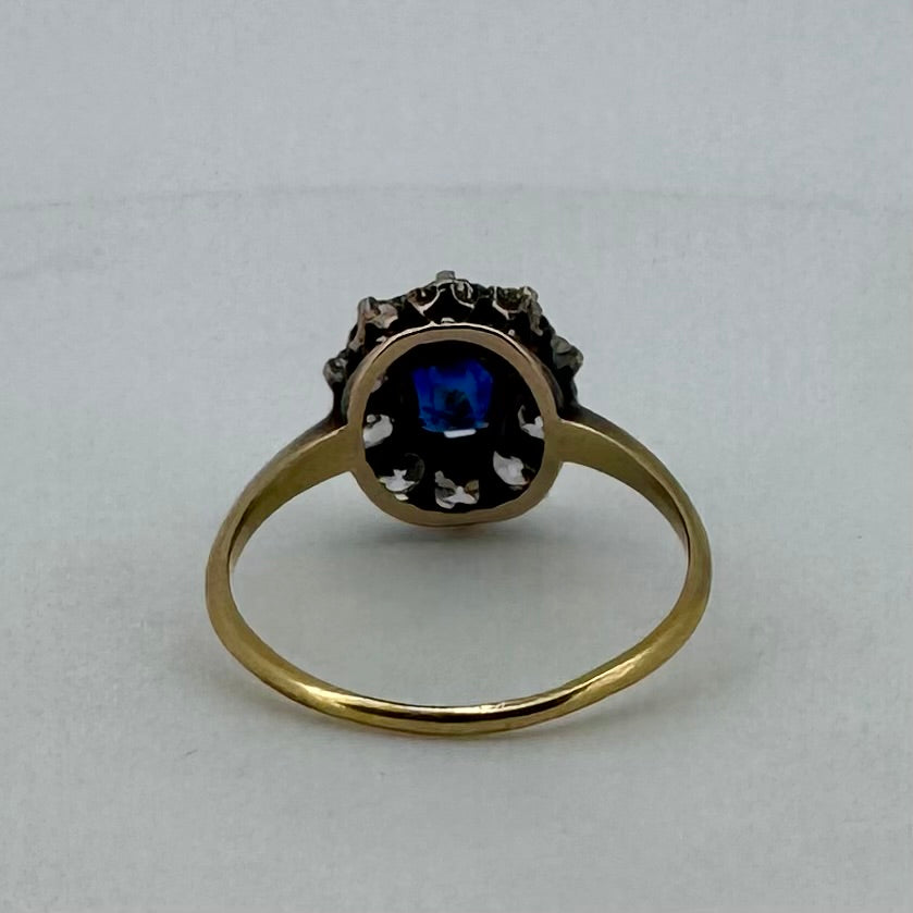 Victorian Period Sapphire Ring - Old Mine Cut Diamond Halo