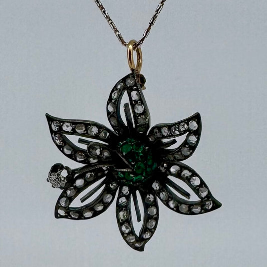 Victorian Flower Pendant - Rose cut Diamonds and Emerald