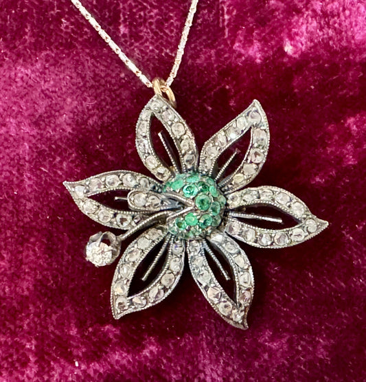 Victorian Flower Pendant - Rose cut Diamonds and Emerald