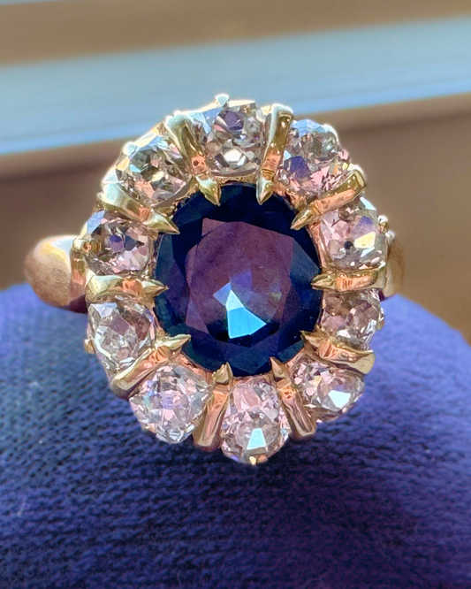 Victorian Period Sapphire Ring - Old Mine Cut Diamond Halo