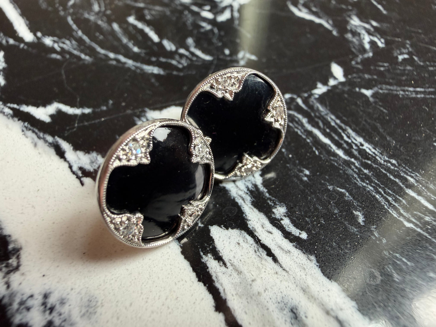 Black Onyx and Diamond Stud Earrings - Art Deco Era